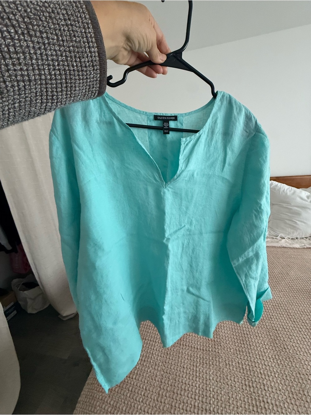 Eileen Fisher Aqua Split-Neck Linen Tunic